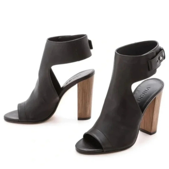Vince Addie Cutout Black Leather‎ Sandal Wood Heels Size US 8 - Picture 2 of 14